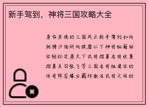 新手驾到，神将三国攻略大全